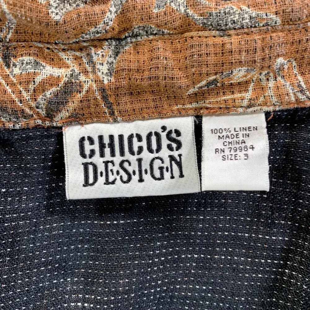 Chicos Design Shirt Womens Sz 3 / XXL Brown Linen Asian Print Button Front Top - Picture 7 of 13
